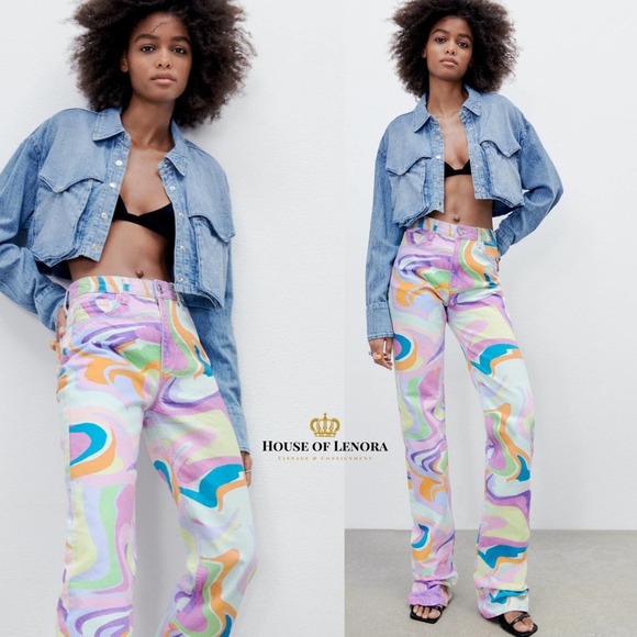 Zara Jeans Nwt Zara Pastel Swirl High Rise Full Length Jeans Ee345